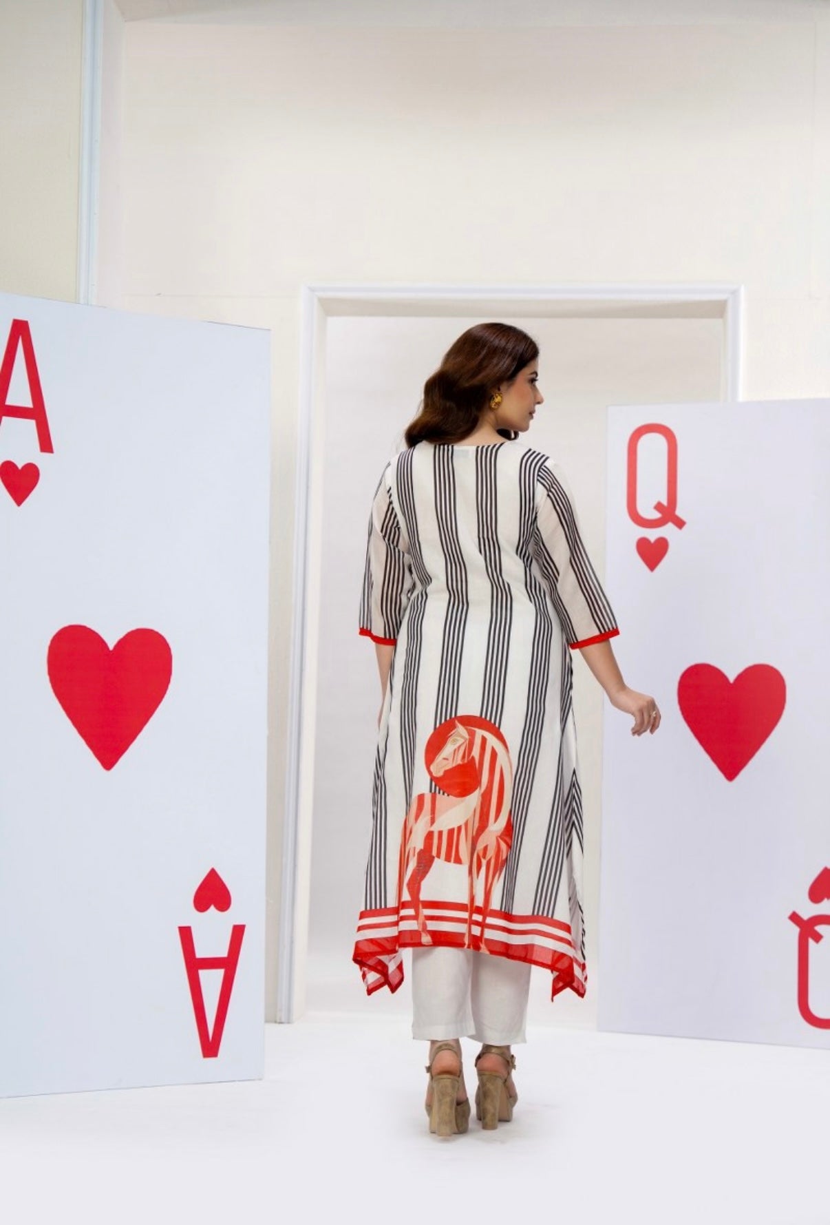 Scarlet Stripe Folk Horse Kurta Set