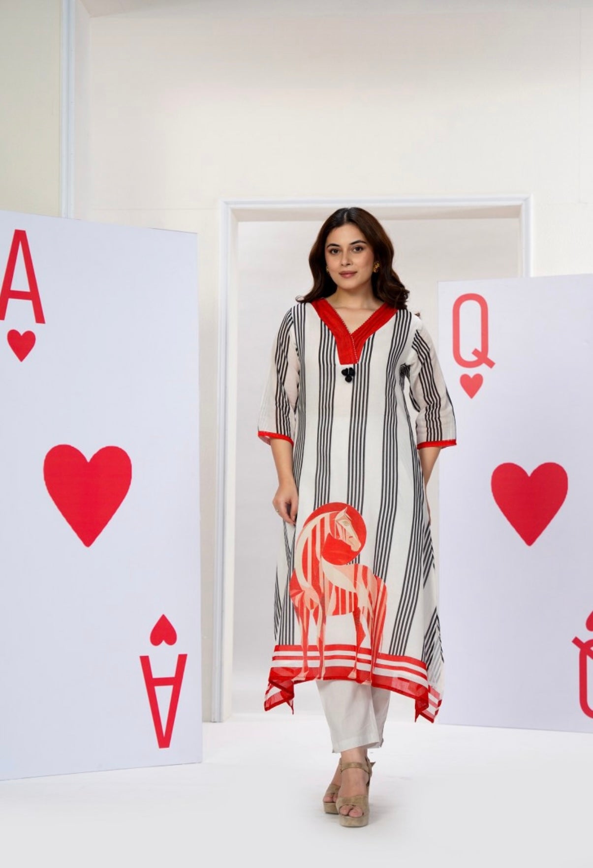 Scarlet Stripe Folk Horse Kurta Set
